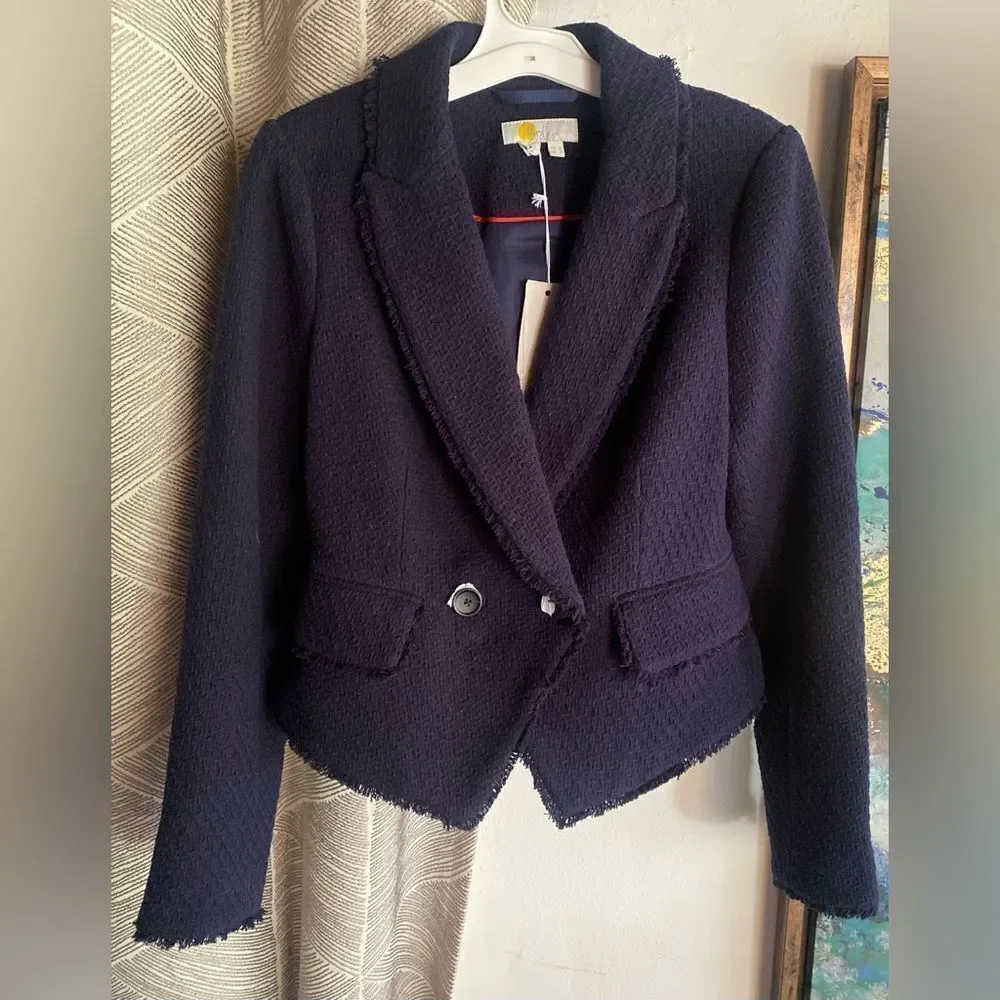 Boden Navy Blue Collared Textured Cotton Blend Jacket Blazer  Sz 2 NWT - Picture 2 of 13